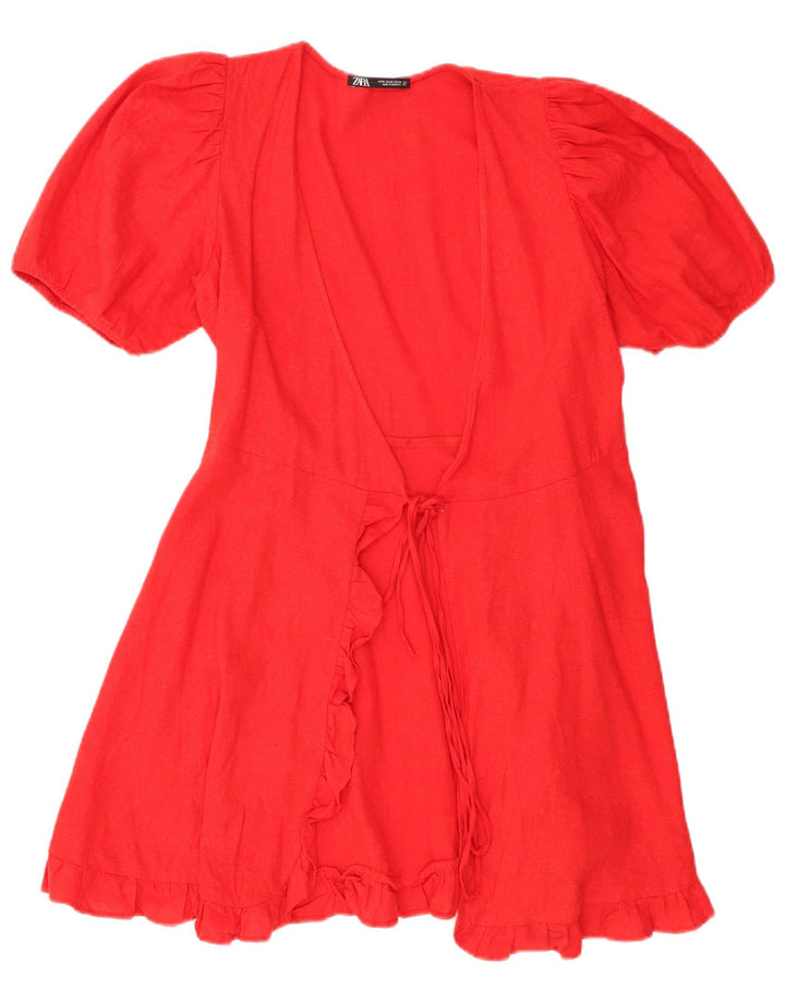 Zara Womens Wrap Dress UK 6 XS Red Linen