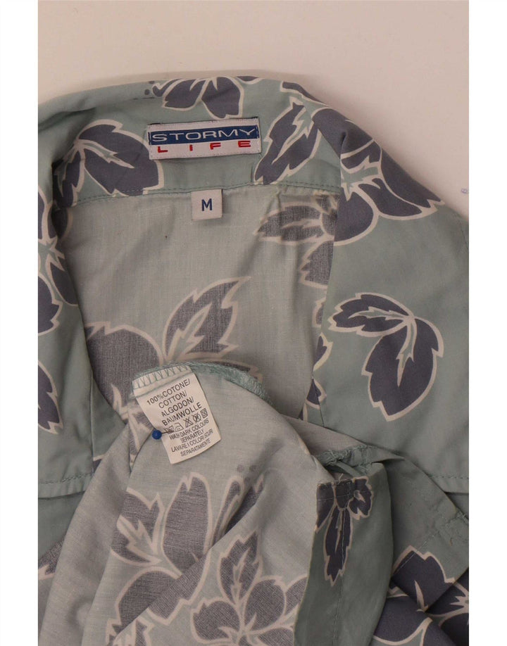 Vintage Mens Short Sleeve Shirt Medium Blue Floral Cotton