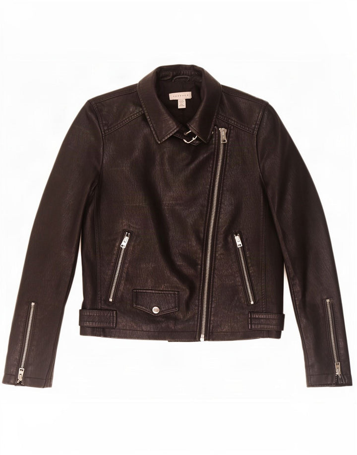 Topshop Womens Faux Leather Biker Jacket UK 8 Small Black Polyester