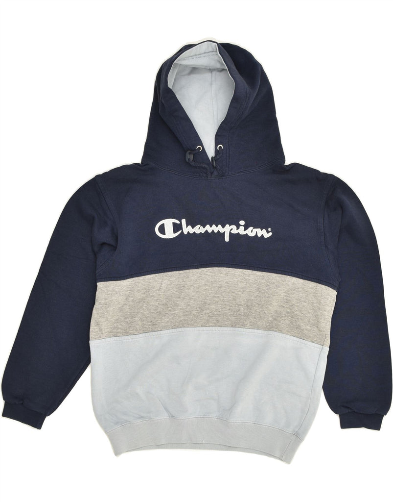 CHAMPION Girls Graphic Hoodie Jumper 9-10 Years Navy Blue Colourblock | Vintage Champion | Thrift | Second-Hand Champion | Used Clothing | Messina Hembry 