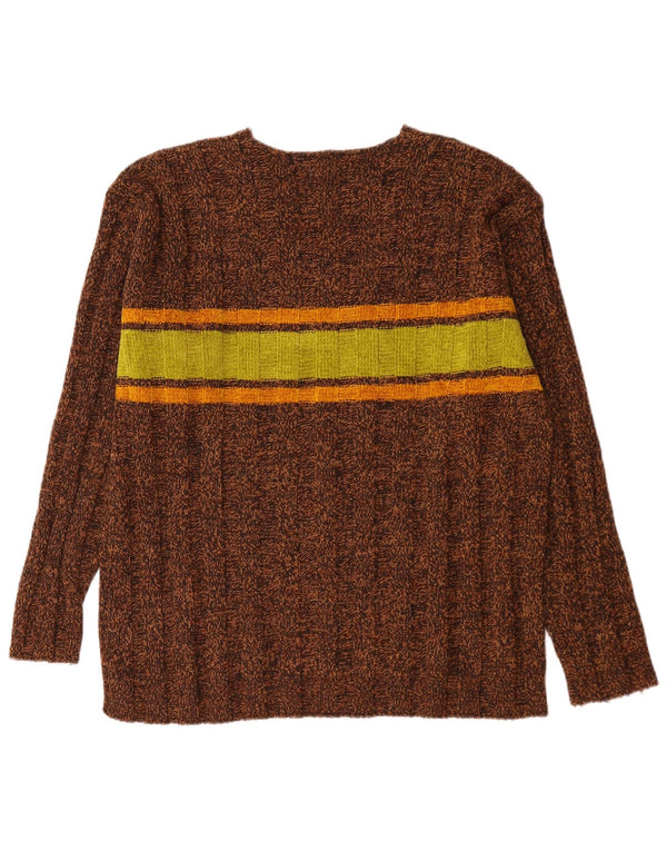 Vintage Mens V-Neck Jumper Sweater Large Brown Colourblock Wool