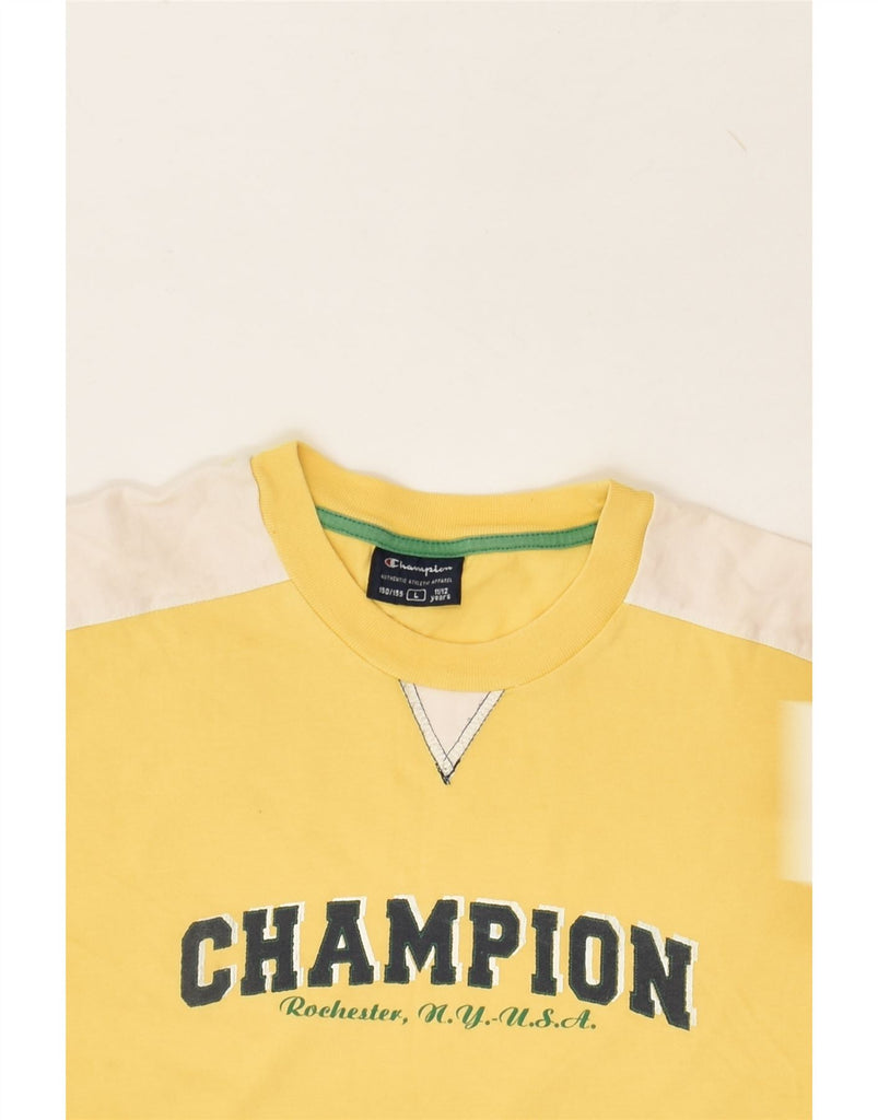 CHAMPION Boys Graphic T-Shirt Top 11-12 Years Large  Yellow Colourblock | Vintage Champion | Thrift | Second-Hand Champion | Used Clothing | Messina Hembry 