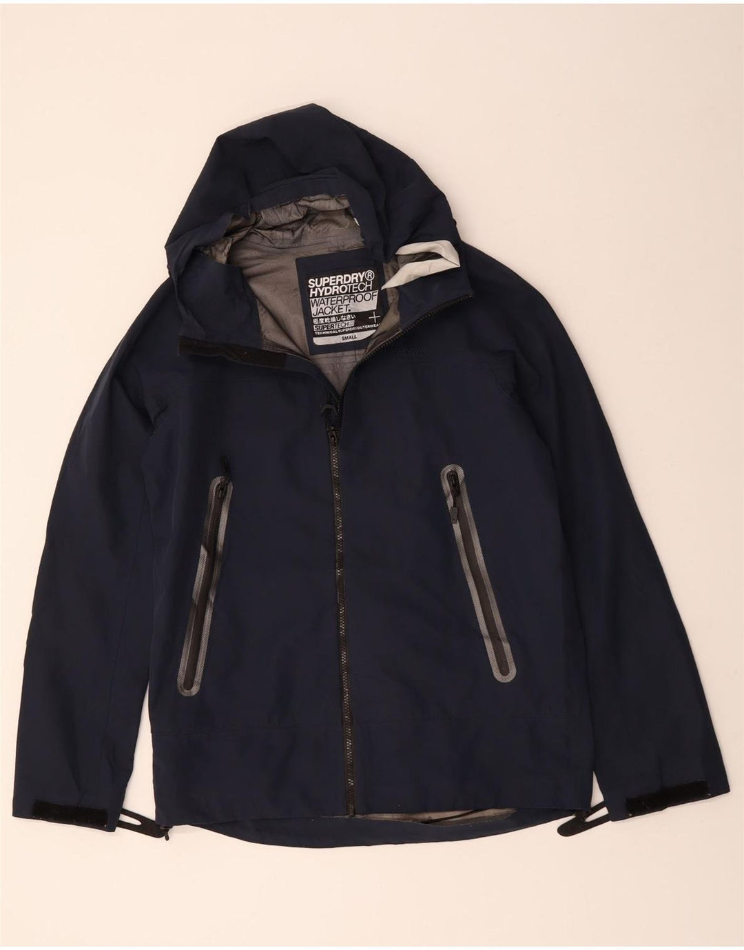SUPERDRY Mens Hooded Waterproof Jacket UK 36 Small Navy Blue Polyester
