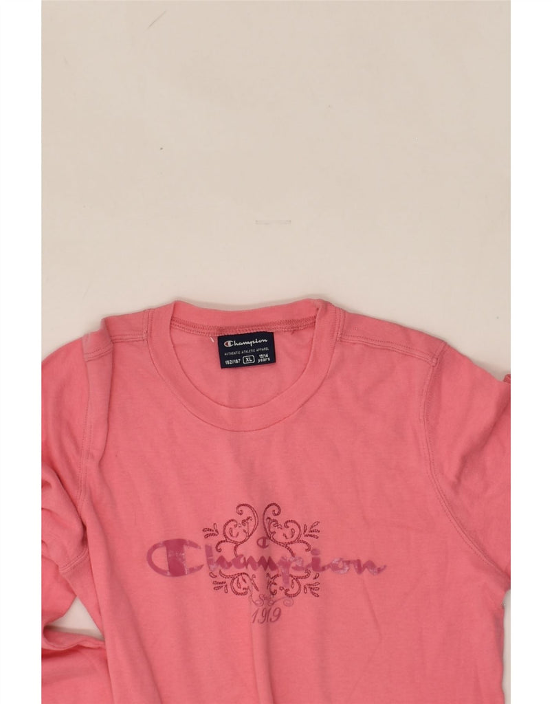 CHAMPION Girls Graphic Top Long Sleeve 13-14 Years XL Pink Cotton | Vintage Champion | Thrift | Second-Hand Champion | Used Clothing | Messina Hembry 