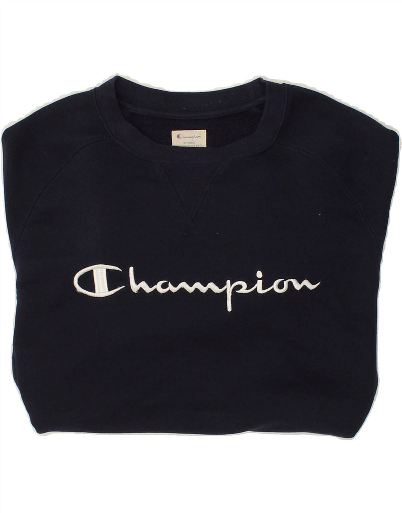 CHAMPION Mens Graphic Sweatshirt Jumper Medium Navy Blue Cotton | Vintage Champion | Thrift | Second-Hand Champion | Used Clothing | Messina Hembry 