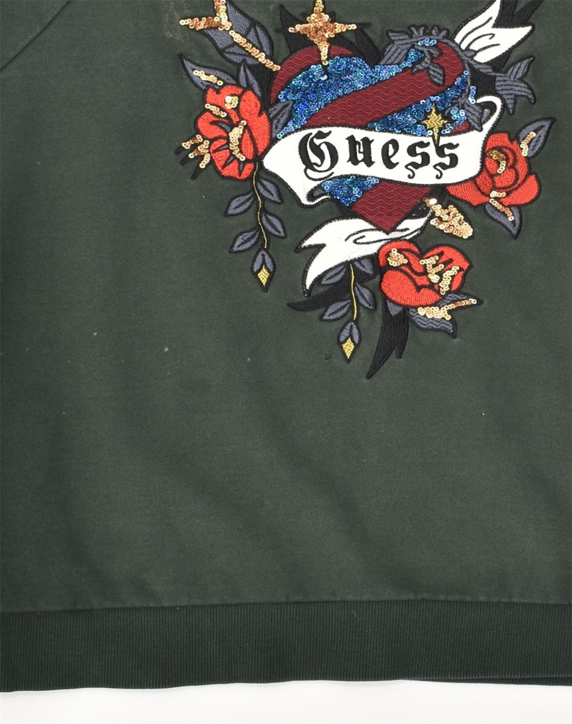 GUESS Womens Graphic Sweatshirt Jumper UK 6 XS Green Floral Cotton | Vintage Guess | Thrift | Second-Hand Guess | Used Clothing | Messina Hembry 