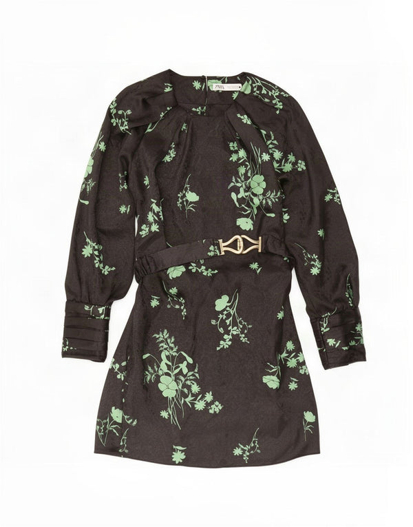 Zara Womens Long Sleeve A-Line Dress UK 12 Medium Black Floral Polyester