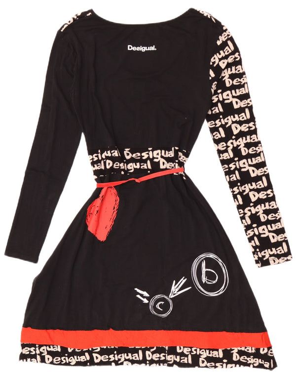 Desigual Womens Graphic Long Sleeve A-Line Dress UK 12 Medium Black Viscose