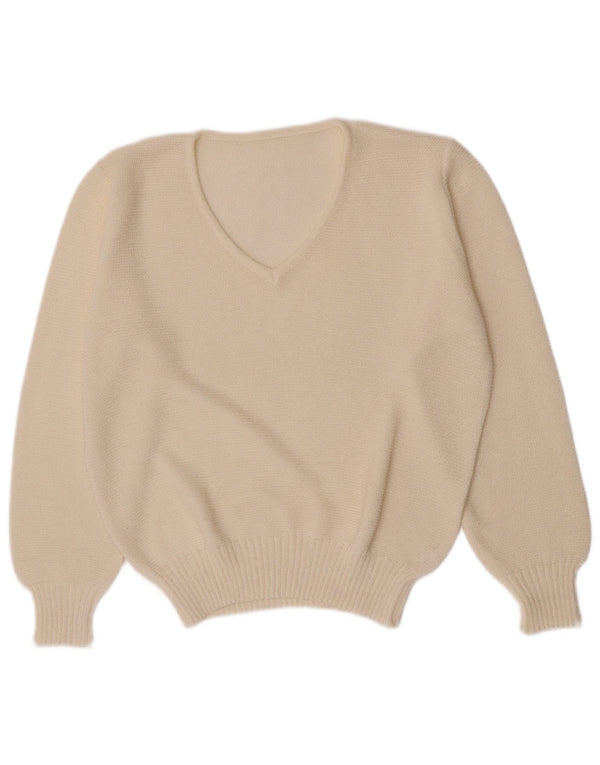 Vintage Womens Regular Fit V-Neck Jumper Sweater UK 10 Small White Acrylic