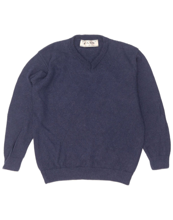 Vintage Mens V-Neck Jumper Sweater XL Navy Blue Alpaca Wool