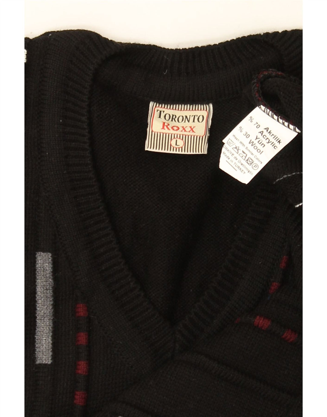 VINTAGE Mens V-Neck Jumper Sweater Large Black Striped Acrylic Vintage Vintage and Second-Hand Vintage from Messina Hembry 