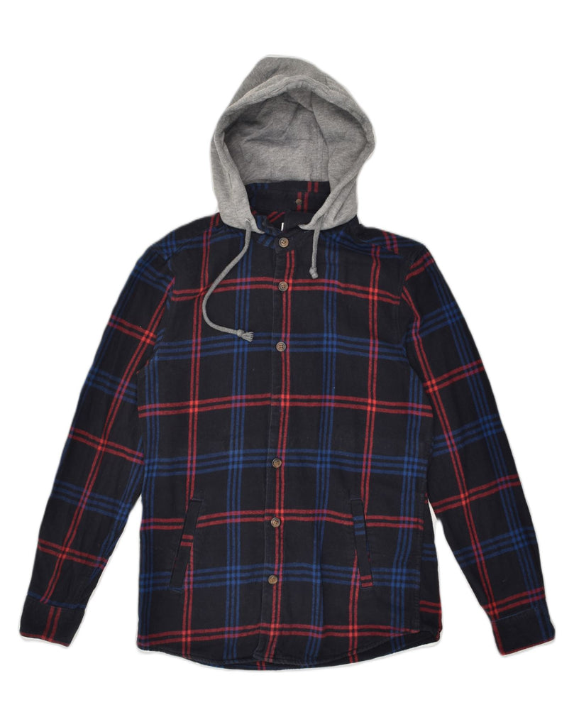 PULL & BEAR Mens Hooded Flannel Shirt Small Navy Blue Check Cotton | Vintage Pull & Bear | Thrift | Second-Hand Pull & Bear | Used Clothing | Messina Hembry 