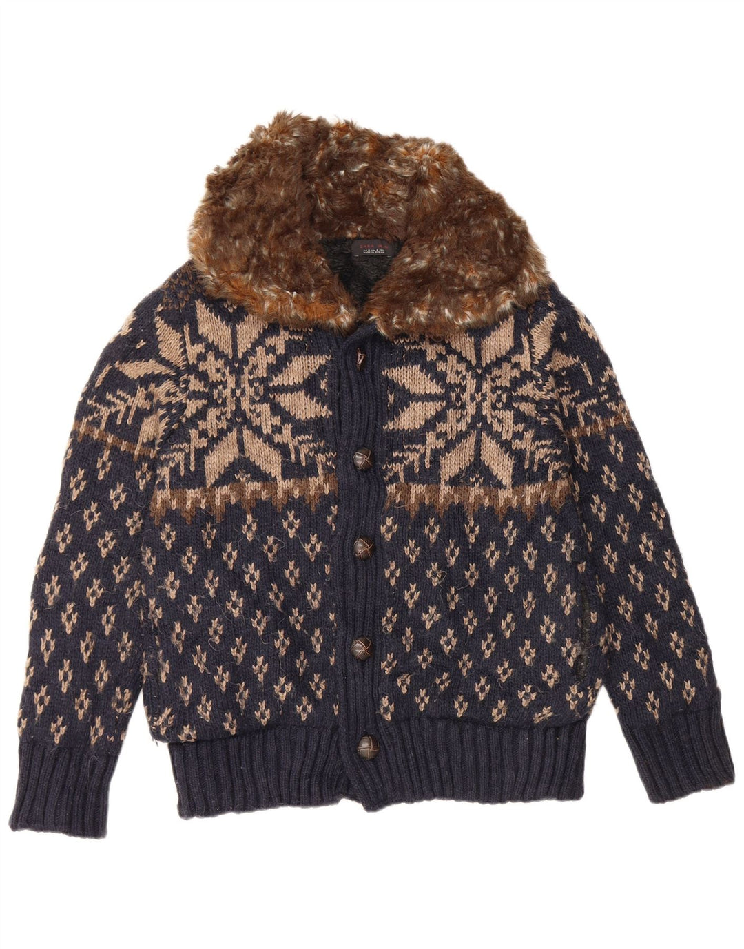 Zara Mens Cardigan Sweater Medium Navy Blue Fair Isle Acrylic