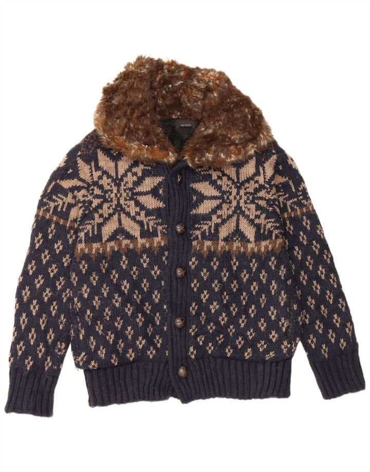 Zara Mens Cardigan Sweater Medium Navy Blue Fair Isle Acrylic