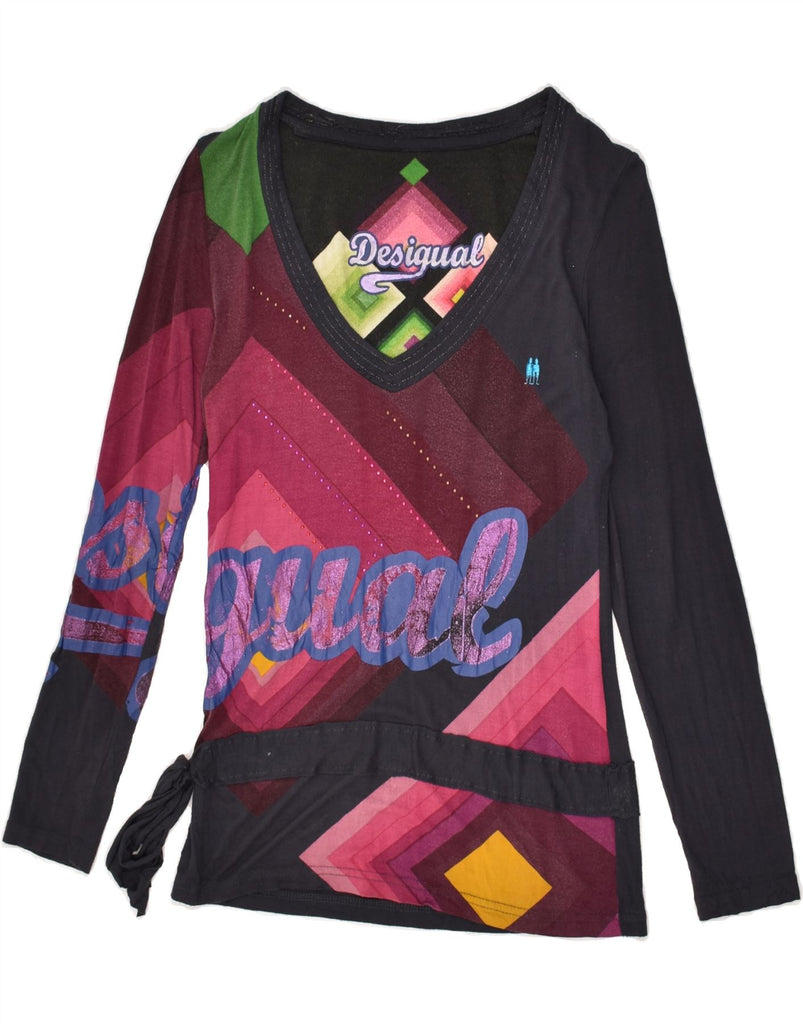 DESIGUAL Womens Graphic Top Long Sleeve UK 6 XS Navy Blue Geometric | Vintage Desigual | Thrift | Second-Hand Desigual | Used Clothing | Messina Hembry 