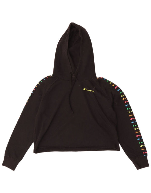 Champion Womens Crop Graphic Hoodie Jumper UK 10 Small Black Cotton