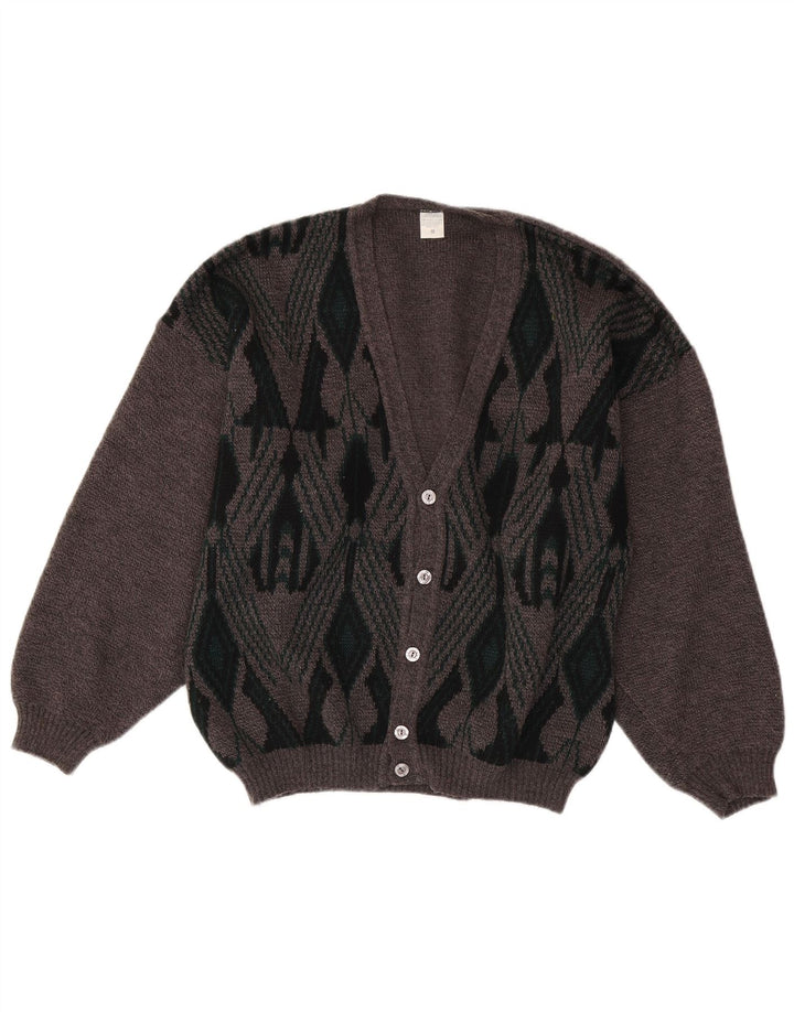 VINTAGE Mens Cardigan Sweater Medium Grey Argyle/Diamond Acrylic