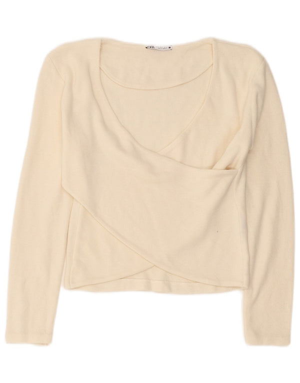 Zara Womens Crop Long Sleeve Blouse Top UK 10 Small Off White Viscose