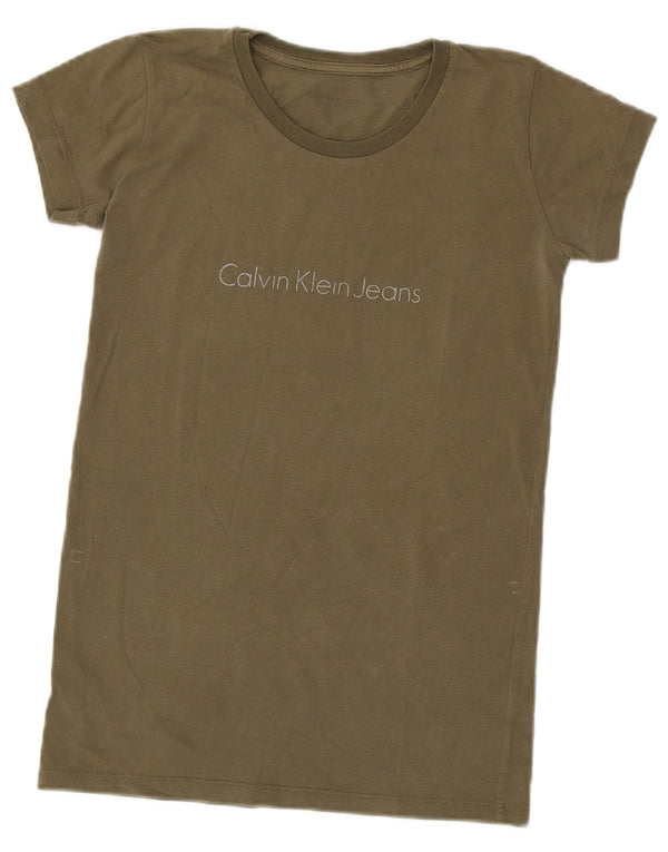 Calvin Klein Jeans Womens Graphic T-Shirt Top UK 10 Small Khaki
