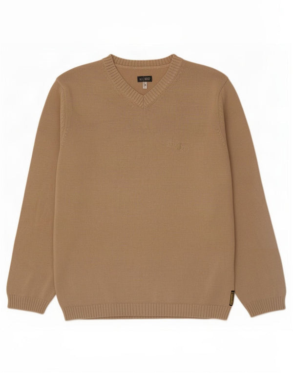 Armani Jeans Mens V-Neck Jumper Sweater Medium Beige Cotton