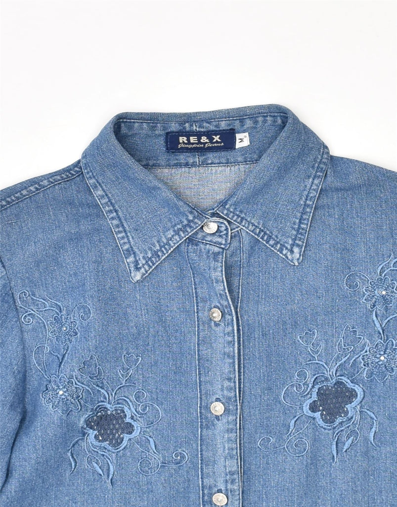 RE & X Womens Denim Shirt UK 14 Medium Blue Floral Cotton | Vintage | Thrift | Second-Hand | Used Clothing | Messina Hembry 