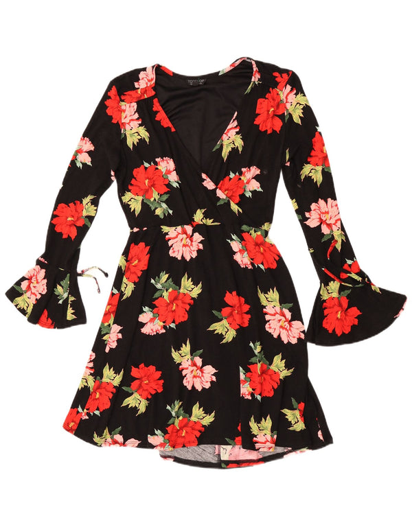 Topshop Womens Graphic Long Sleeve A-Line Dress UK 10 Small Black Floral