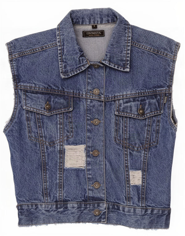 Vintage Womens Distressed Crop Denim Gilet UK 10 Small Blue Cotton