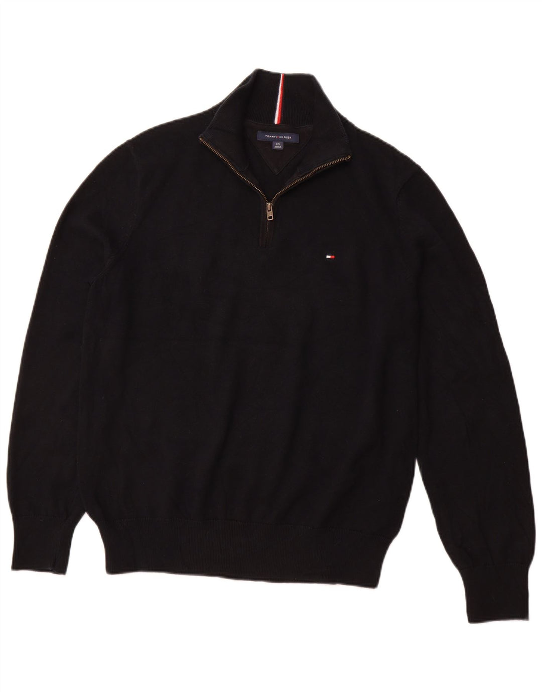 TOMMY HILFIGER Mens Zip Neck Jumper Sweater Large Black Cotton