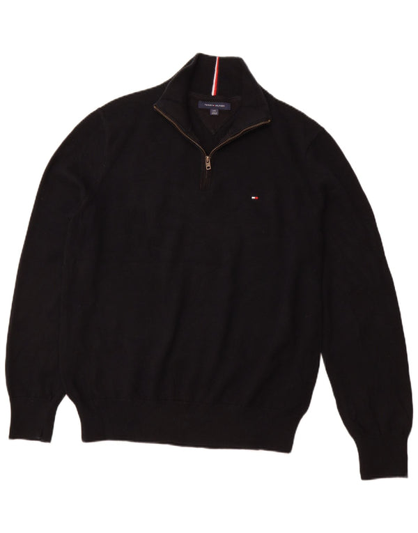 TOMMY HILFIGER Mens Zip Neck Jumper Sweater Large Black Cotton