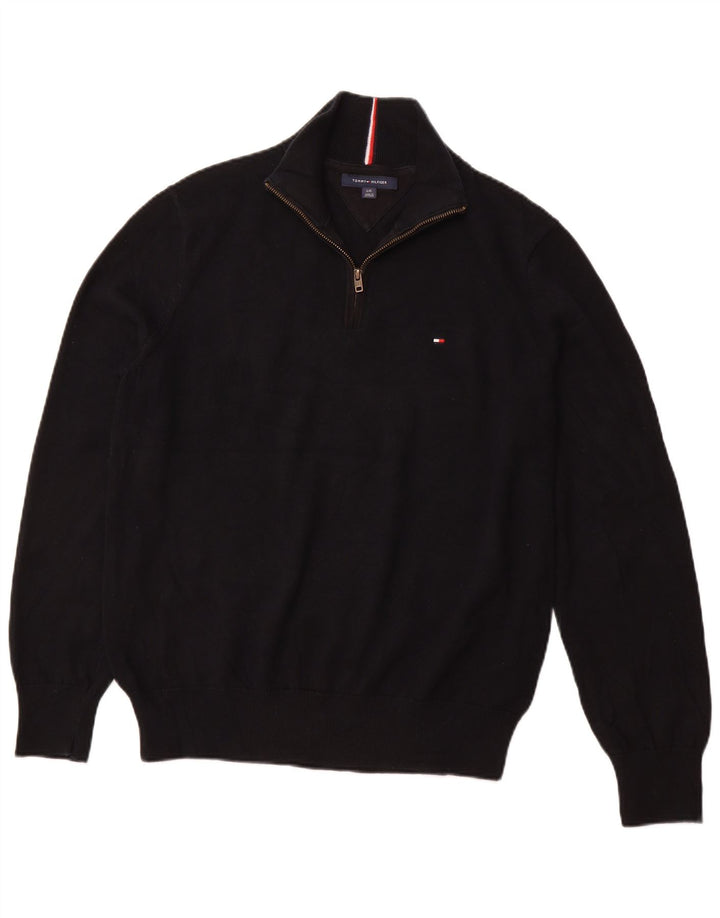 TOMMY HILFIGER Mens Zip Neck Jumper Sweater Large Black Cotton