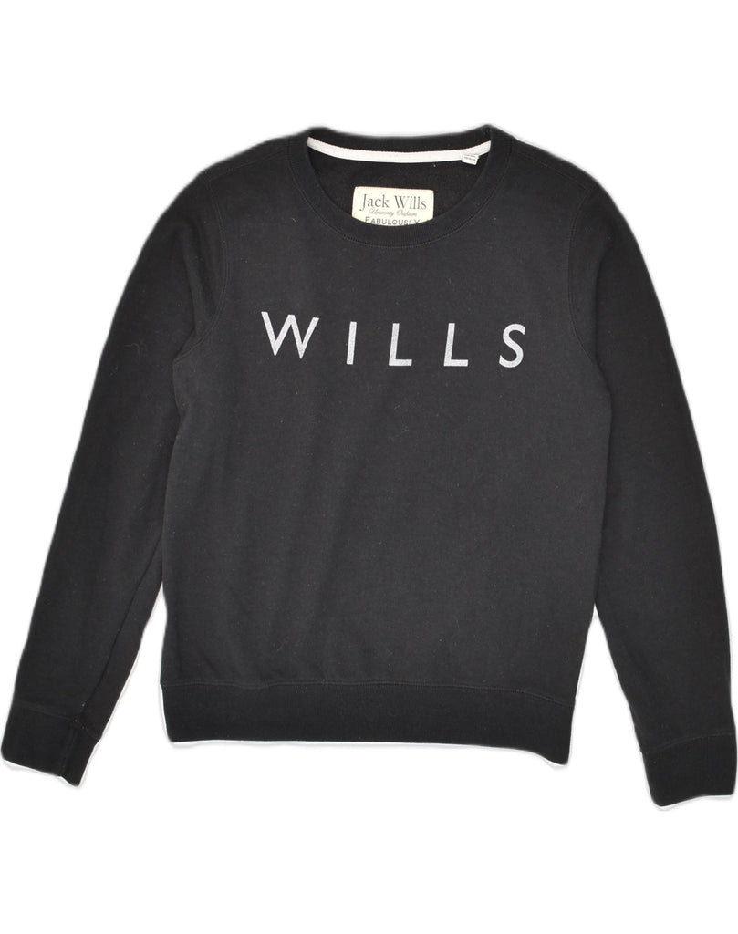 JACK WILLS Womens Graphic Sweatshirt Jumper UK 10 Small Black Cotton | Vintage Jack Wills | Thrift | Second-Hand Jack Wills | Used Clothing | Messina Hembry 