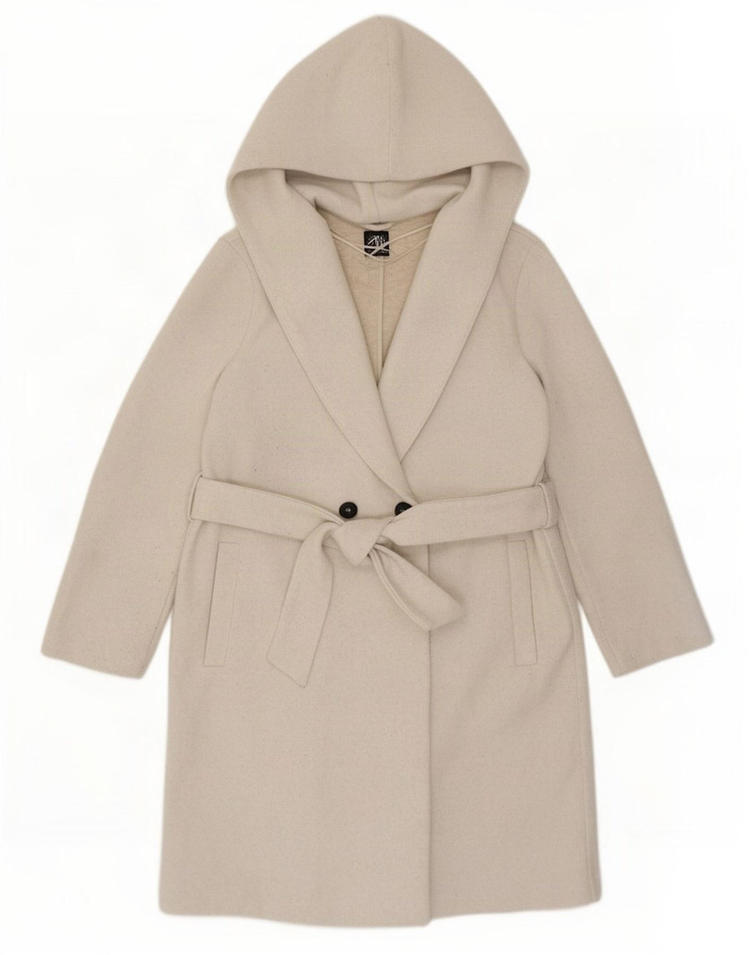 Zara Womens Hooded Oversized Double Breasted Coat UK 10 Small Beige