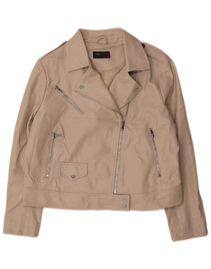 Marks & Spencer Womens Faux Leather Biker Jacket UK 18 XL Beige