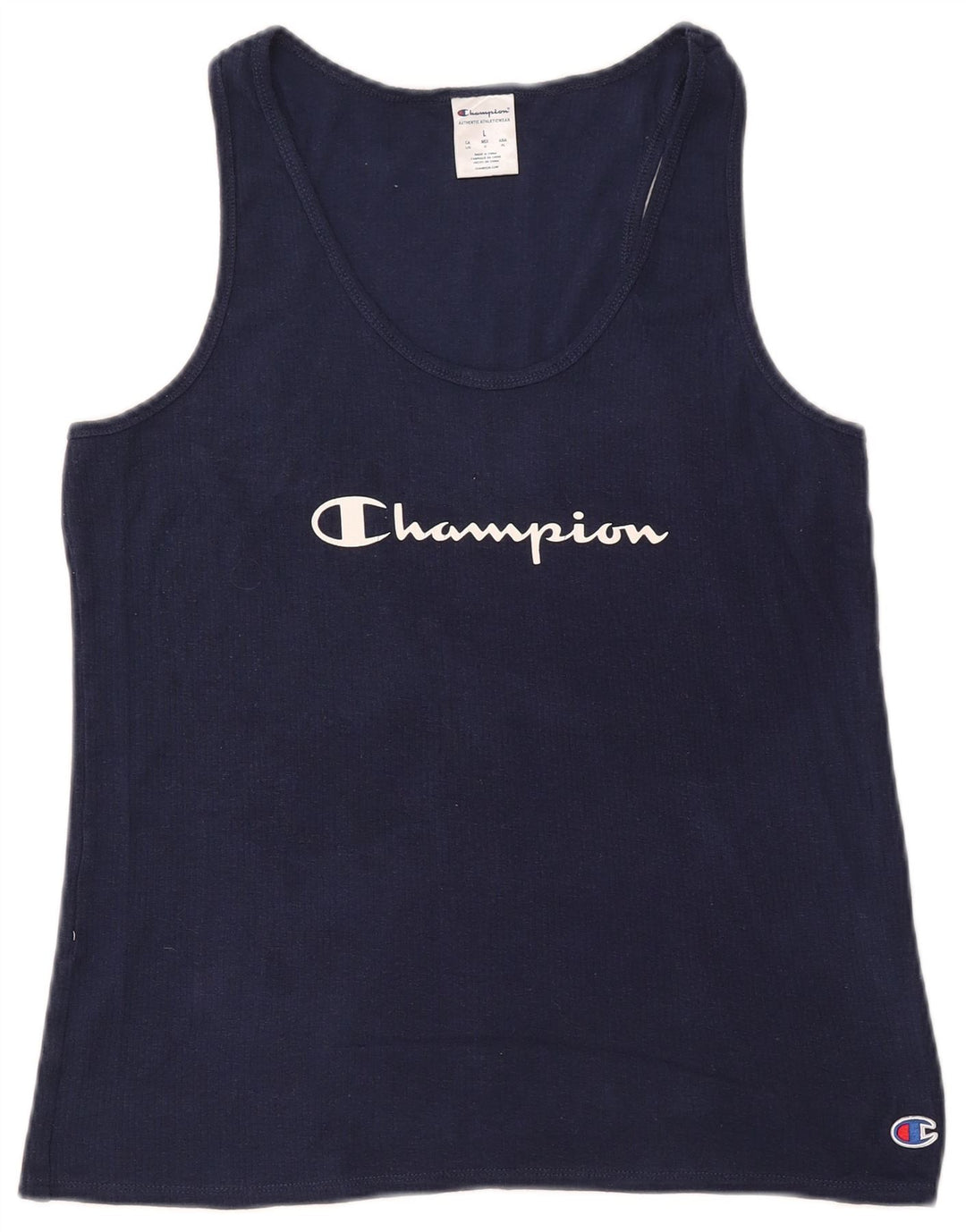 CHAMPION Womens Graphic Vest Top UK 14 Large Navy Blue Cotton