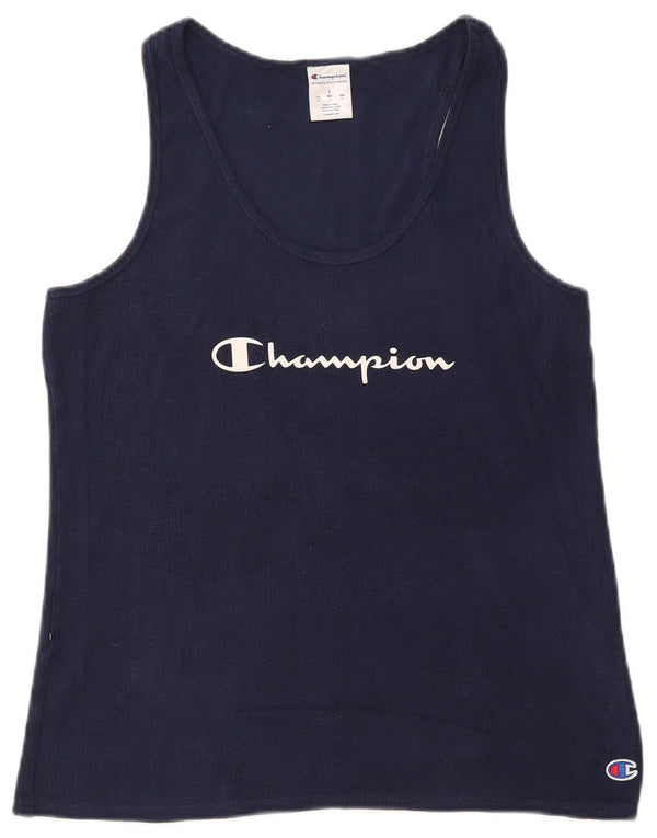 CHAMPION Womens Graphic Vest Top UK 14 Large Navy Blue Cotton