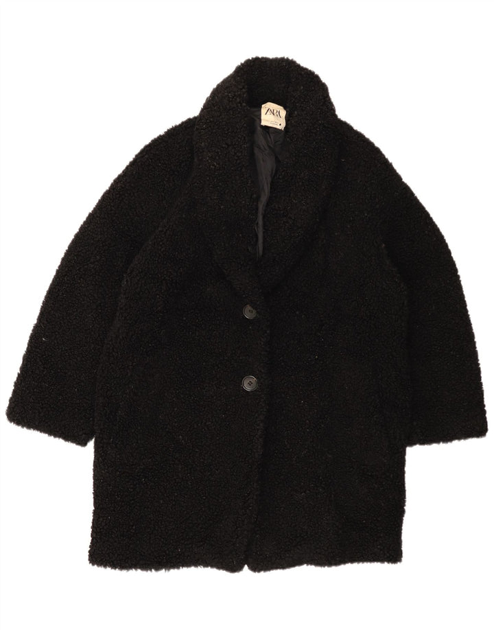 Zara Womens Oversized Fleece Overcoat UK 10 Small Black Polyester