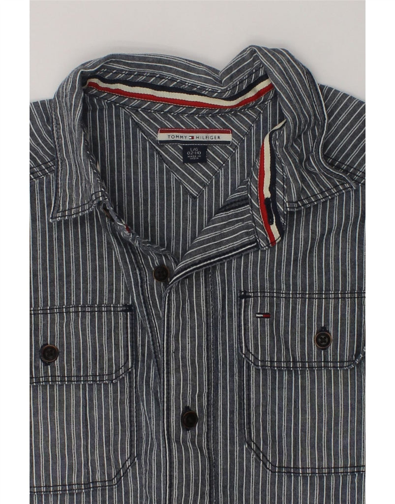 TOMMY HILFIGER Boys Shirt 12-13 Years Large  Navy Blue Striped Cotton | Vintage Tommy Hilfiger | Thrift | Second-Hand Tommy Hilfiger | Used Clothing | Messina Hembry 