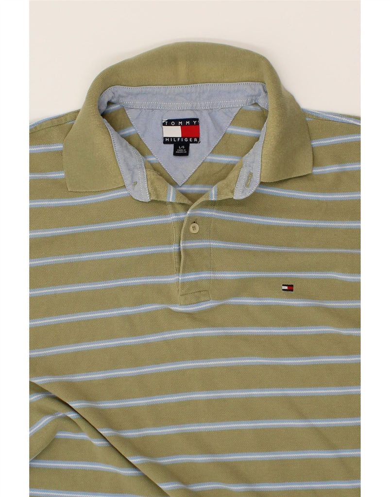 TOMMY HILFIGER Mens Polo Shirt Large Green Striped Cotton Vintage Tommy Hilfiger and Second-Hand Tommy Hilfiger from Messina Hembry 