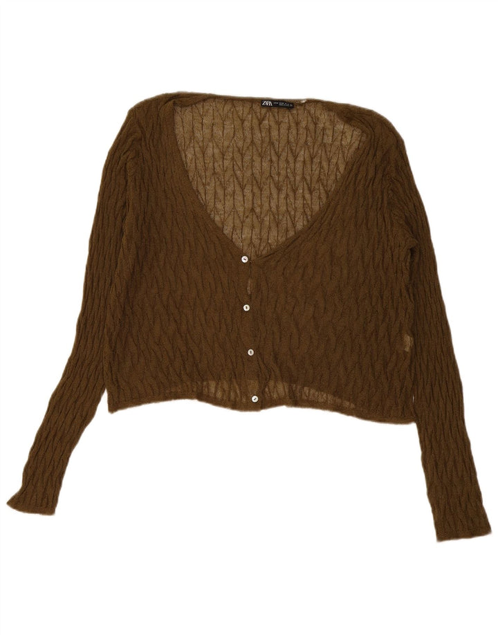 Zara Womens See Through Crop Cardigan Sweater UK 14 Medium Khaki