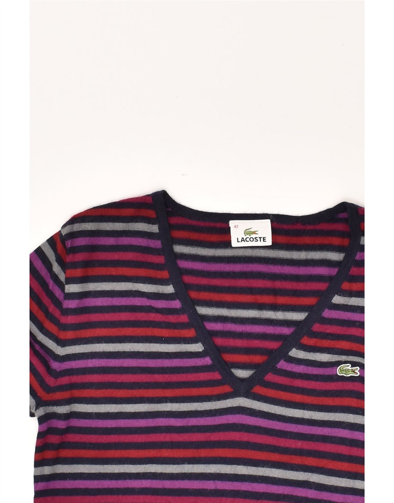 LACOSTE Womens V-Neck Jumper Sweater Size 42 Large Pink Striped | Vintage Lacoste | Thrift | Second-Hand Lacoste | Used Clothing | Messina Hembry 