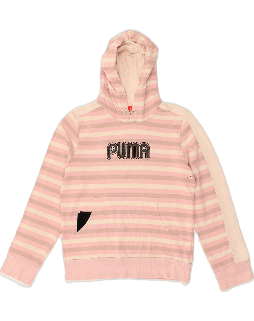 PUMA Womens Graphic Hoodie Jumper UK 14 Large Pink Striped Cotton | Vintage Puma | Thrift | Second-Hand Puma | Used Clothing | Messina Hembry 