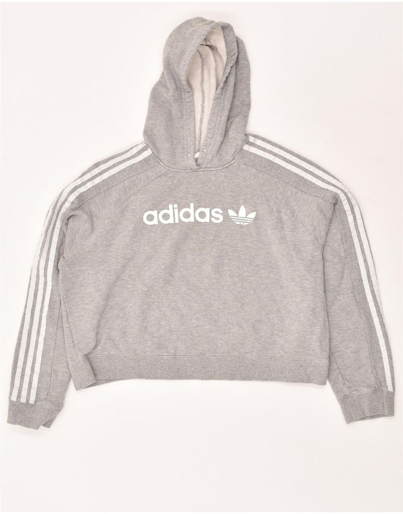 ADIDAS Womens Graphic Crop Hoodie Jumper UK 10 Small Grey Cotton | Vintage Adidas | Thrift | Second-Hand Adidas | Used Clothing | Messina Hembry 