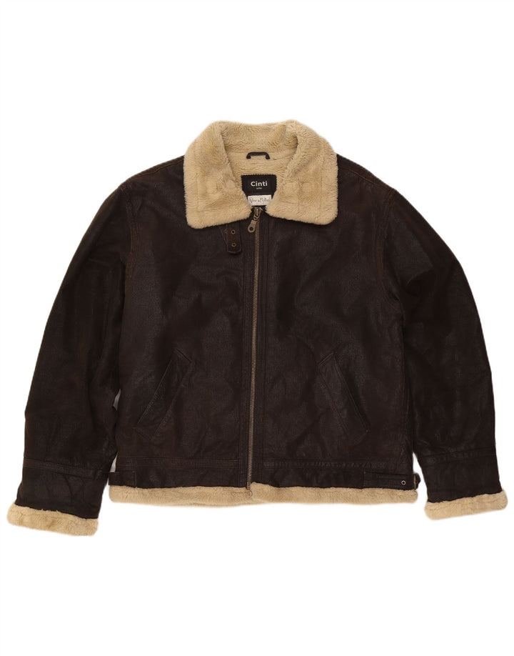 CINTI Mens Sherpa Leather Jacket UK 42 XL Brown