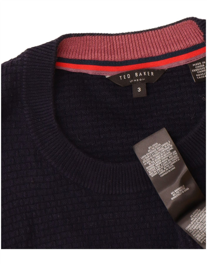 Ted Baker Mens Crew Neck Jumper Sweater Size 3 Medium Navy Blue Cotton