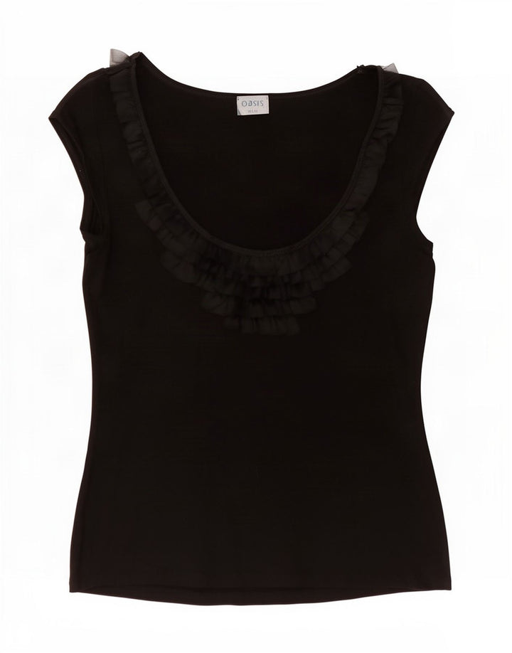 Oasis Womens Ruffle Front Blouse Top UK 10 Small Black Viscose