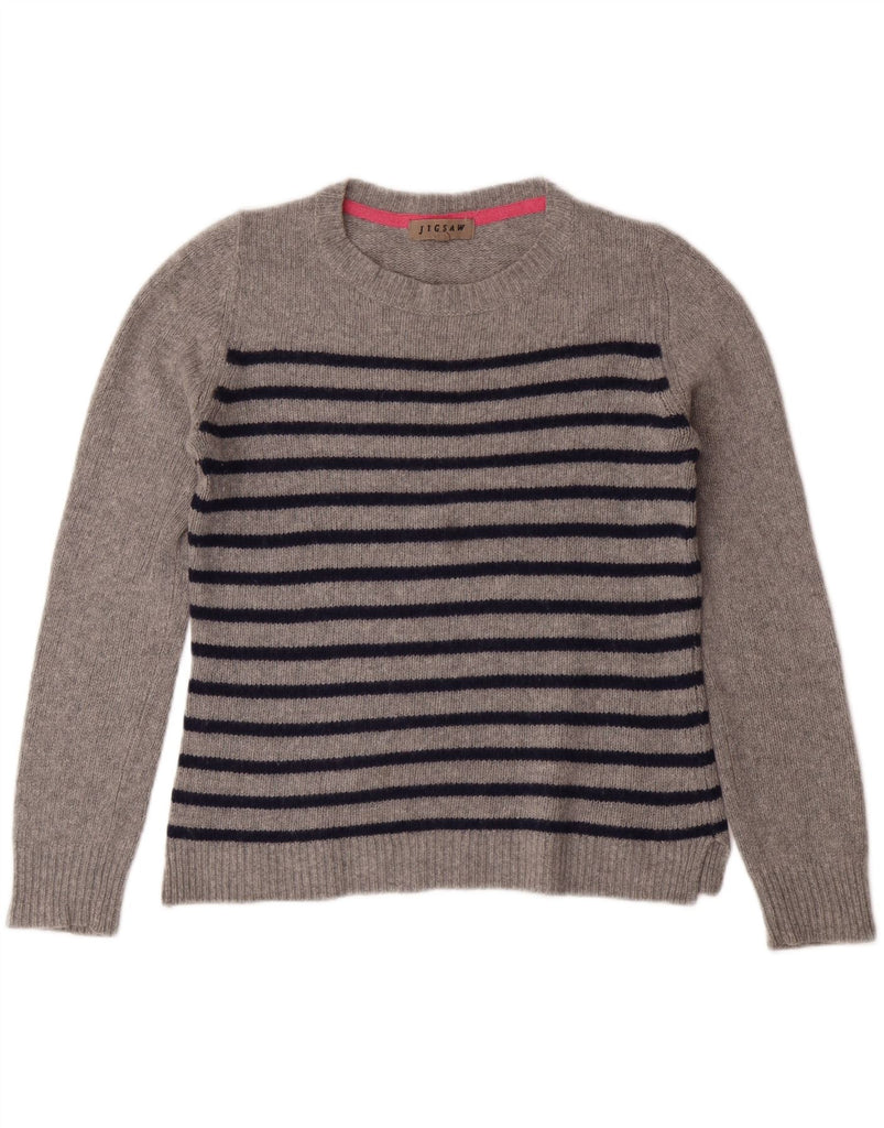 JIGSAW Womens Crop Crew Neck Jumper Sweater UK 10 Small Grey Striped Wool Vintage Jigsaw and Second-Hand Jigsaw from Messina Hembry 