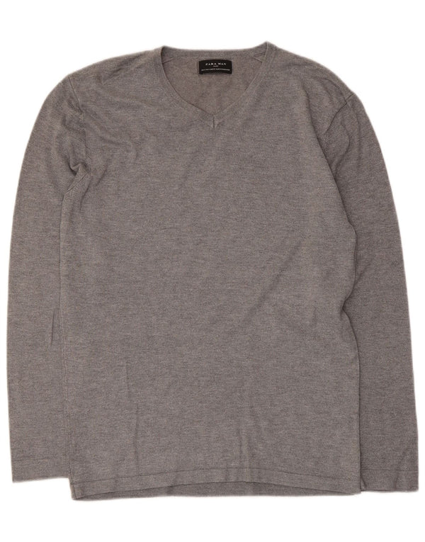 Zara Mens V-Neck Jumper Sweater Small Grey Viscose