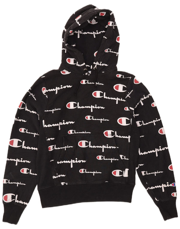 CHAMPION Mens Reverse Weave Graphic Hoodie Jumper Small Black Cotton