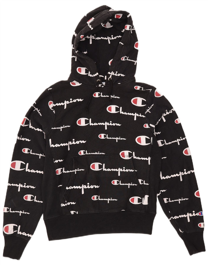 CHAMPION Mens Reverse Weave Graphic Hoodie Jumper Small Black Cotton