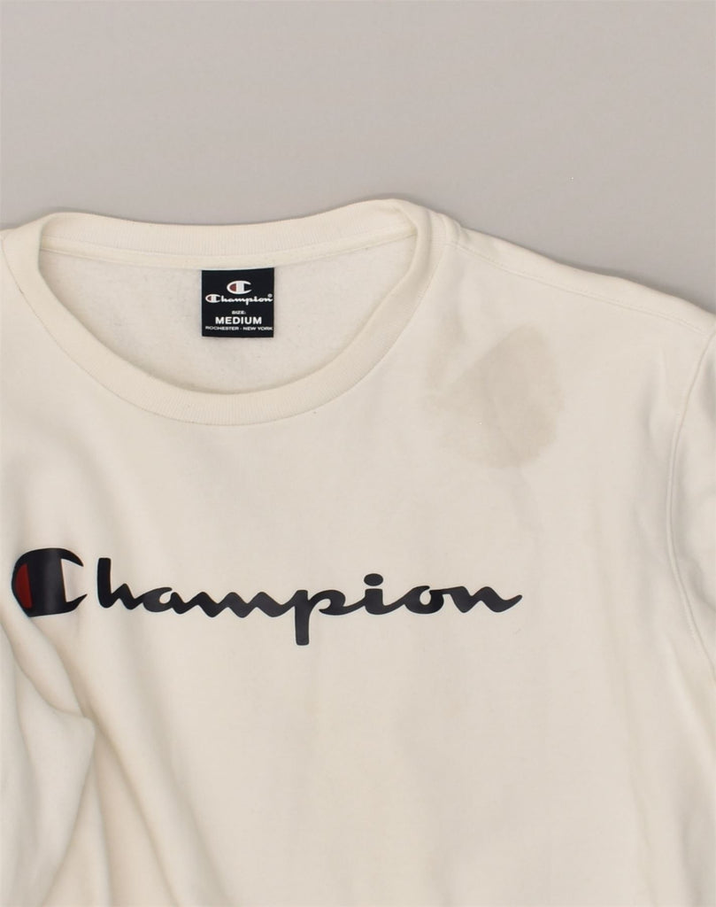 CHAMPION Mens Graphic Sweatshirt Jumper Medium White Cotton | Vintage Champion | Thrift | Second-Hand Champion | Used Clothing | Messina Hembry 